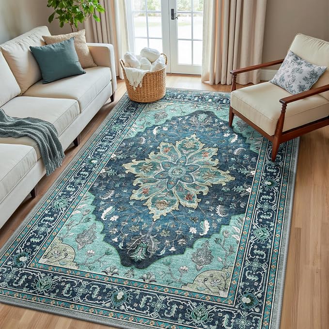 RELEANY Area Rugs 5'x8' Washable Non-Slip, Floral Vintage Distress Medallion Carpet for Living Room Bedroom Dining Room, Teal Green Lake Blue Turquoise