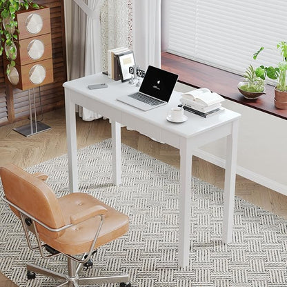 Solid Wood Desk with Drawers - 39" Narrow Desks for Small Spaces, Mid Century Modern Desks, Small Wooden Vintage Computer Writing Desk, Study Table for Home Office Bedroom, White