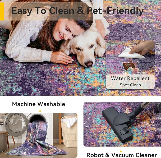 RELEANY Washable Area Rugs 6ft Non-Slip Modern Abstract Soft for Living Room Entryway Bedroom Kitchen, Print Pattern, Purple Orange Blue Green Rust Red Colorful