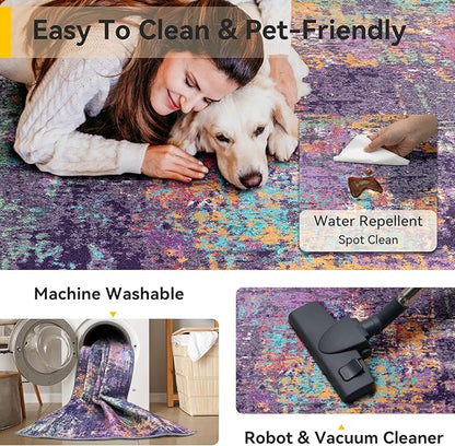 RELEANY Washable Area Rugs 6ft Non-Slip Modern Abstract Soft for Living Room Entryway Bedroom Kitchen, Print Pattern, Purple Orange Blue Green Rust Red Colorful
