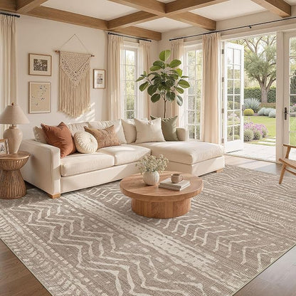 Nakagishi Area Rug Living Room Rugs: 12x18 Large Soft Machine Washable Boho Moroccan FarmNeutral Stain Resistant Indoor Floor Carpet for Bedroom Under Dining Table Home Office Decor-Dark Brown