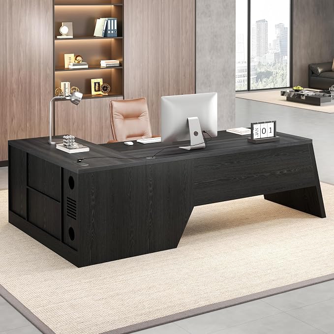 Epecoya 78 Inch L Shape Executive Desk, Large Modern Home Office Desk with Drawer and Cord Hold Management, Wooden Business Furniture for CEO Boss Manager, Black Gray