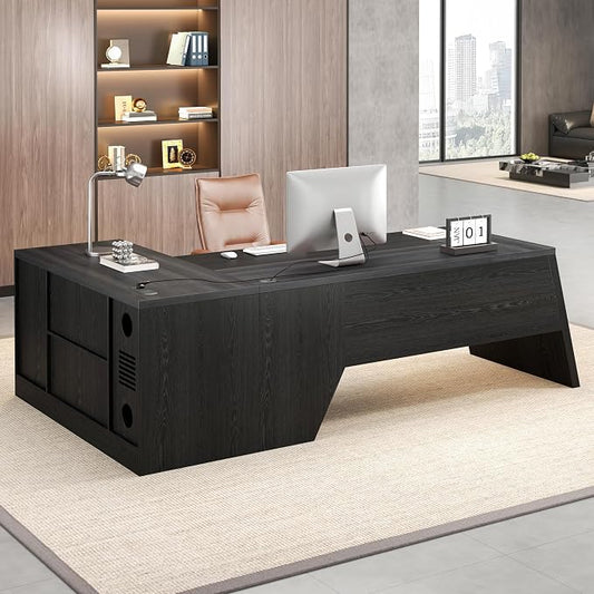 Epecoya 78 Inch L Shape Executive Desk, Large Modern Home Office Desk with Drawer and Cord Hold Management, Wooden Business Furniture for CEO Boss Manager, Black Gray