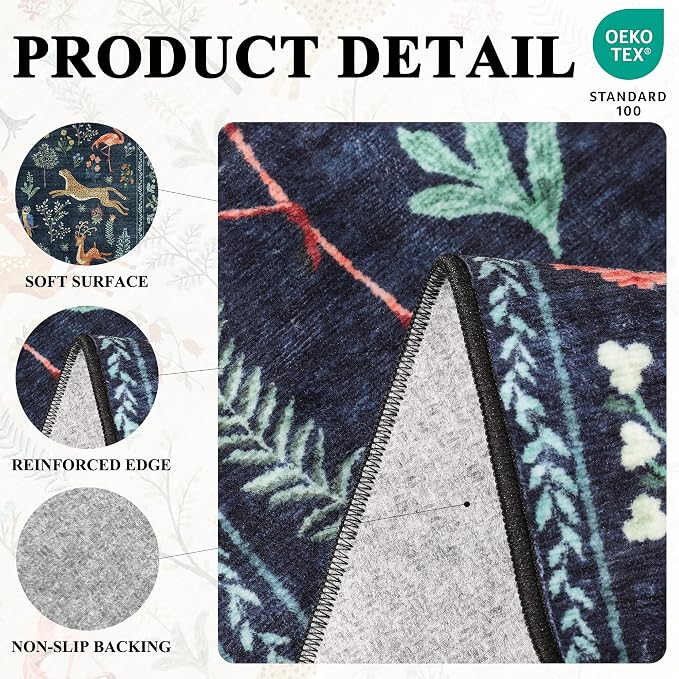 DUKINO 3x4 Washable Entryway Rug, Vintage Animal Ultra Soft Kitchen Area Rug with Non Slip Backing, Low Pile & Stain Resistant Indoor Door Mat for Bathroom, Bedroom, Laundry Room, Office, Navy Blue