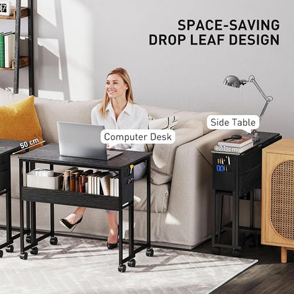 HOMCOM Small Folding Desk, Rolling Computer Desk Foldable with Storage Bag and Shelf, 31.5" Portable Writing Table on Wheels for Small Spaces, Home Office, Study, Easy Assembly, Black
