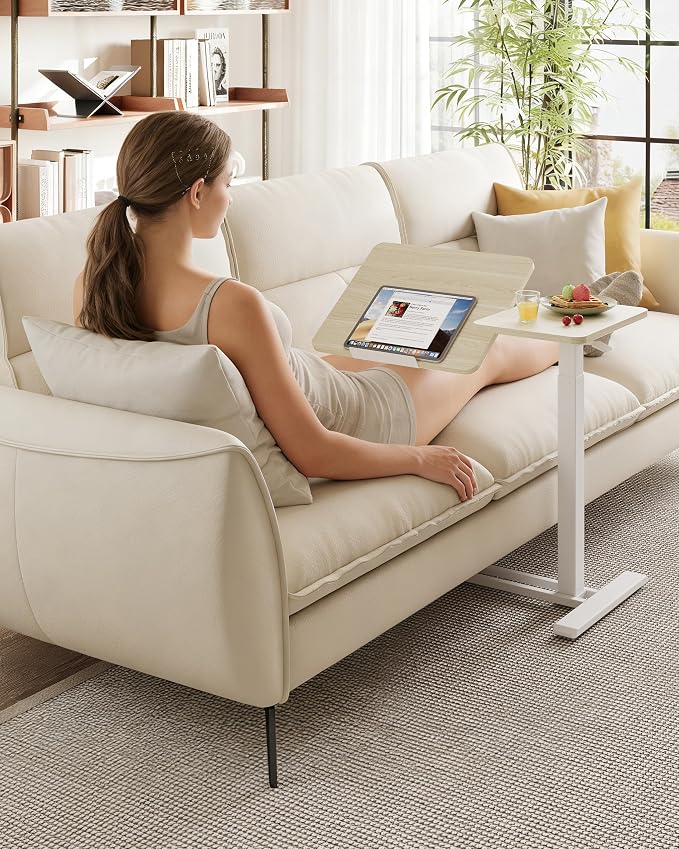 SANODESK Small Rolling Overbed Table Adjustable Height with Wheels, Mobile Laptop Desk with Tilting Desktop, Portable Computer Workstation for Home Office, Classroom, Bedside, Wood Grain