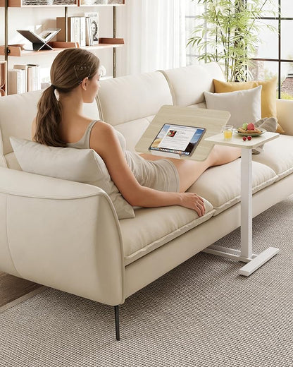 SANODESK Small Rolling Overbed Table Adjustable Height with Wheels, Mobile Laptop Desk with Tilting Desktop, Portable Computer Workstation for Home Office, Classroom, Bedside, Wood Grain