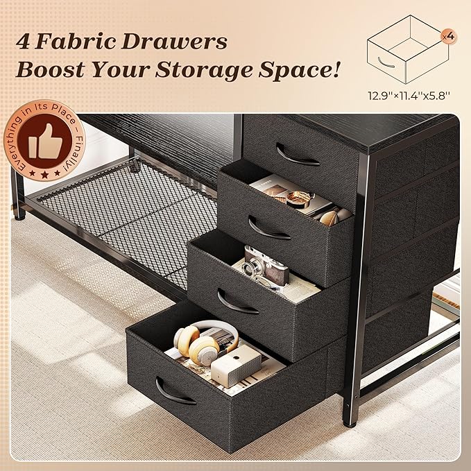 PRAISUN 53" L Shaped Desk with Power Outlets & USB-C Port, Reversible Computer Corner Office Desk with 4 Fabric Drawers and 2 Storage Shelves, Large Desk for Gaming Writing Work Study, Black