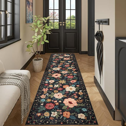 DUKINO 3x8 Runner Rug, Washable Rug for Kitchen with Non Slip Backing, Soft Non Shedding & Low Pile Design Long Floor Carpet Runner for Hallway, Bathroom, Entryway, Laundry, Black