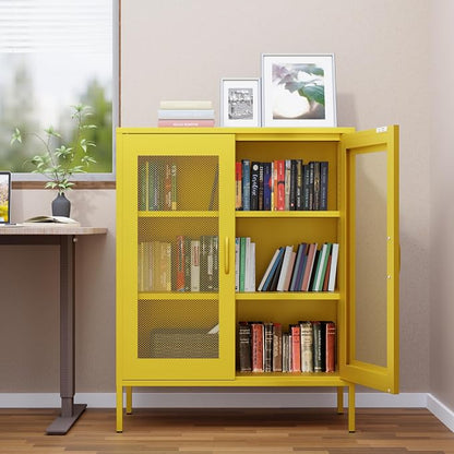Washsemba Metal Storage Cabinet with Mesh Doors,Steel Display Cabinet with Adjustable Shelves,Metal Office Storage Locker for Home Office,Garage(Yellow, 40''H)