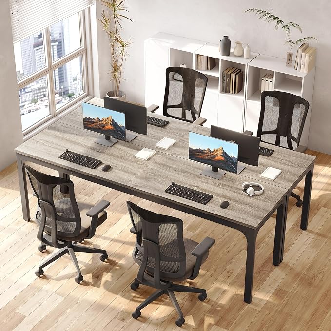 LITTLE TREE 78.7-Inch Ultra Long Double Desk, Writing Gaming Work Computer Two-Person Desk for Home Office, Grey + Black