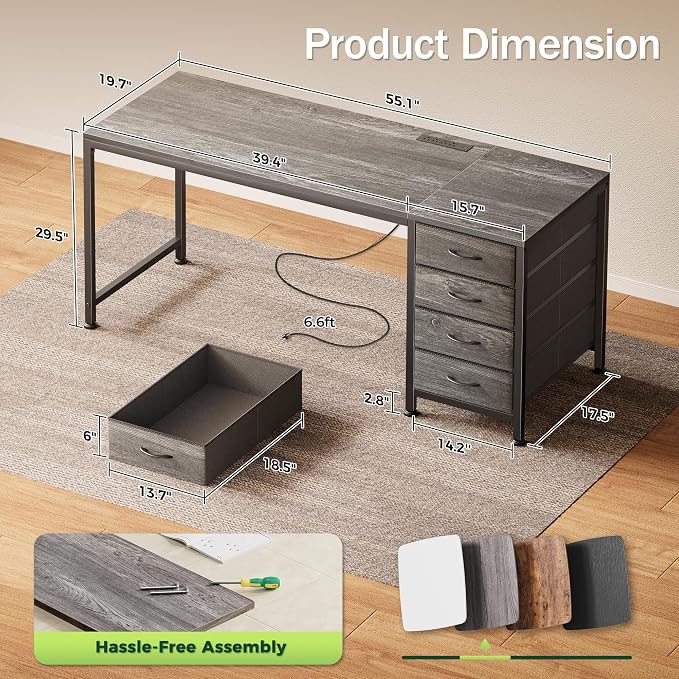 PRAISUN 55.1 Inch Computer Office Desk with Power Outelts and USB-C Port, Reversible Gaming Desk with 4 Fabric Drawers, Work Study Desk Work from Home, Grey