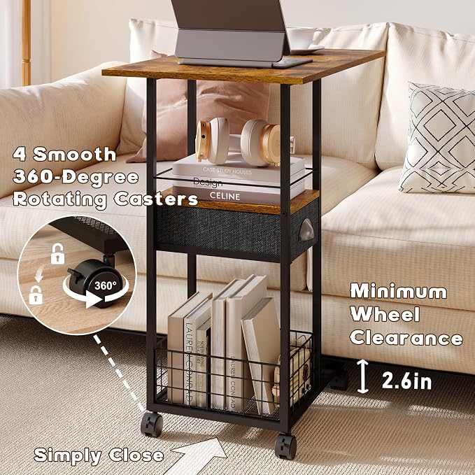 Rolling C-Shaped Side Table with Wheels and Oversized Wood Top, Mobile Overbed Stand with Drawer for Bed or Sofa, Metal Frame Couch Companion for Living Room, Bedroom, or Home Office (Large Desktop)
