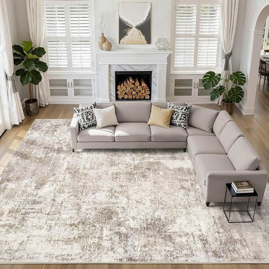 Large Area Rugs 12x15: Washable Abstract Modern Soft Rug Stain Resistant Indoor Floor Non Slip Accent Carpet for Living Room Bedroom Nursery Playroom Dining Room Office Dorm Home House- Beige Brown