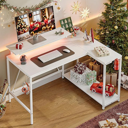 Pinmoco 42" Reversible Small L-Shaped Gaming Desk with LED Lights, White | corner desk fits small spaces, monitor stand, cup holder, headset hook, carbon fiber surface, for gaming and home office