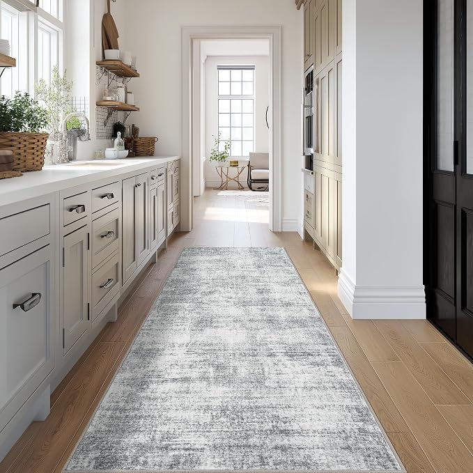 BILEEHOME Modern Abstract Neutral 3x8 Runner Rug for Hallway Low Pile Non Slip Washable Rugs Floor Covering Grey Carpet Runners for Kitchen Laundry Room