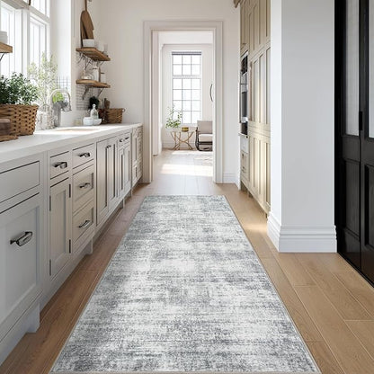 BILEEHOME Modern Abstract Neutral 3x8 Runner Rug for Hallway Low Pile Non Slip Washable Rugs Floor Covering Grey Carpet Runners for Kitchen Laundry Room