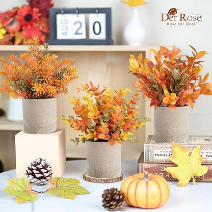 Der Rose 3 Pack Fake Plants Artificial Plastic Eucalyptus in Pot for Home Office Desk Bathroom Farmhouse Table Decor Indoor Warm Orange Accent