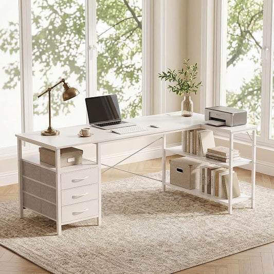 Alpen L Shaped Computer Desk, 47 Inch Corner Desk with Drawers and Power Outlets, Home Office Desk for Gaming, Study Writing PC Table with Storage and Reversible Shelf, White