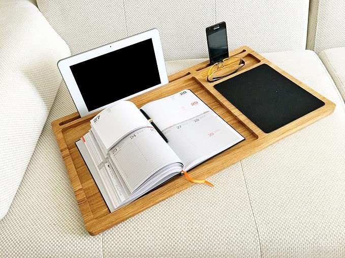 Personalized Solid Oak Wood Lap Desk Tray | Includes Mouse Pad & Slots for iMac & iPhone | Portable Laptop Stand, Phone & Tablet Holder | Multi-Tasking Mobile Workstation Idea for Him