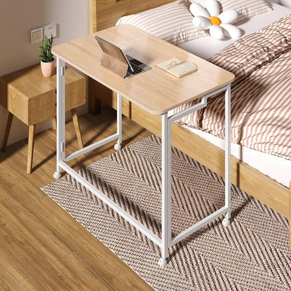 4NM 27.5" Mobile Small Rolling Computer Desk, Folding Laptop Cart Table with Wheels, Portable Office Desk for Small Space Couch Bed - Natural and White