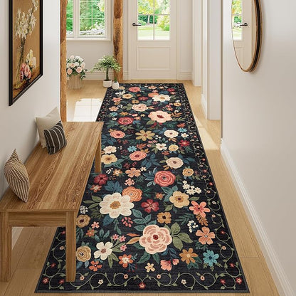 DUKINO 3x8 Runner Rug, Washable Rug for Kitchen with Non Slip Backing, Soft Non Shedding & Low Pile Design Long Floor Carpet Runner for Hallway, Bathroom, Entryway, Laundry, Black