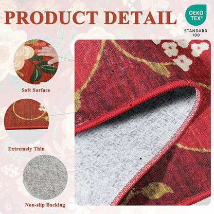 DUKINO 6x9 Area Rug, Floral Rugs for Living Room, Lightweight Non Slip Washable Rug, Indoor Low Pile & Non-Shedding Boho Design Rugs for Bedroom, Living Room, Dining Room, Red