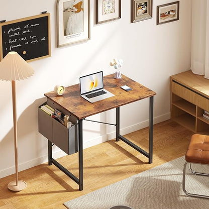 OLIXIS Small Computer Desk, 31 Inch Home Office Desks, Writing Study Craft Work Gaming Table, Computer Workstation for Bedroom Small Spaces with Storage Bag, Rustic Brown