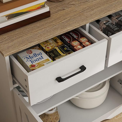 Panana Sideboard 2 Drawers 2 Doors Entryway Storage Cabinet Living Room Organizer Farmhouse Style Wooden Kitchen Cupboard (White)