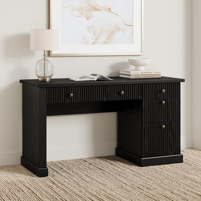 Garvee Fluted Home Office Desk with File Drawer, 54" Modern Executive Desk with Charging Station, Wooden Computer Writing Desk for Home Office, Study Room, Black
