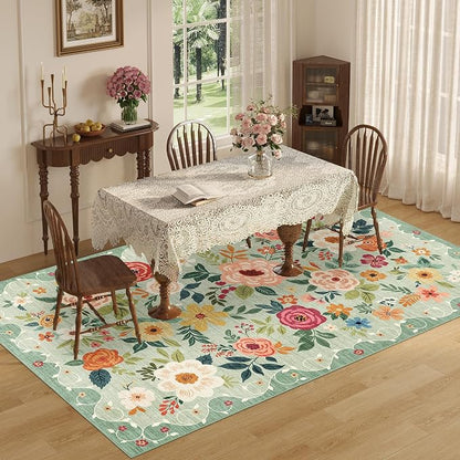 DUKINO 5x8 Area Rug for Living Room, Washable Lightweight Non Slip Floral Bedroom Rug with Non Shedding Design, Soft Low Pile Large Indoor Carpet for Dining Room, Kids Playroom, Nursery, Office, Green