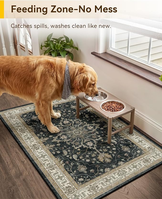 RELEANY Area Rugs Small 2'x3' Washable Non-Slip, Floral Vintage Distress Medallion Carpet for Kitchen Entryway Bathroom, Vintage Black Brown Neutral