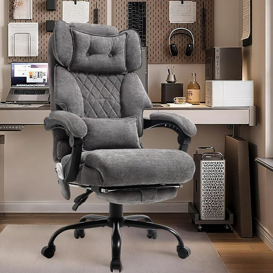 Massage Office Chair with Foot Rest,6 Points Vibration & Heat Executive Office Chairs,Big and Tall Fabric Office Chair 500LBS,Ergonomic Desk Chair for Heavy People,Recliner with Dual-Use Pillow,Grey