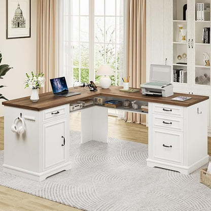 Farmhouse L Shaped Executive Desk with 4 Drawers, Home Office Desk with Hidden Under-Desk Storage Shelf and Charging Station, File Cabinet Storage, Wood Corner Computer Desk for Work(White+Brown)