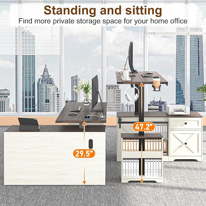 St.Mandyu 55" L Shaped Electric Standing Desk with File Drawer & Sliding Door, Height Adjustable Sit Stand Corner Computer Desk with Power Outlets, Drawers & Cup Holder for Home Office, White
