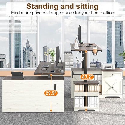 St.Mandyu 55" L Shaped Electric Standing Desk with File Drawer & Sliding Door, Height Adjustable Sit Stand Corner Computer Desk with Power Outlets, Drawers & Cup Holder for Home Office, White