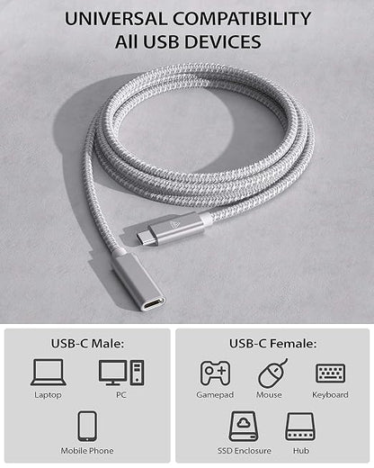 Faracent USB C Extension Cable (20Gbps/240W/3.3Ft), USB 3.2 Type C 3.1 Male to Female Extension Charging & Sync for iPhone 16 15 Pixel PSVR2 MacBook Air Pro/New iPad Dell XPS Surface Book Silver