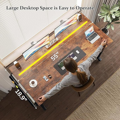 DurayLoly 55" Office Desks with LED Lights,Gaming Writing Work from Home Study Desk with Storage Bag,Home Office Desk with Headphone Hook Sturdy Metal Frame, Rustic Brown
