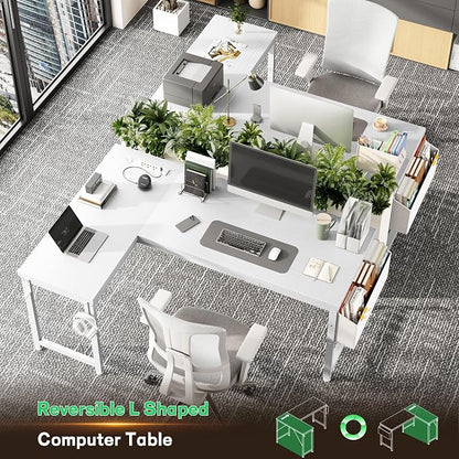 DurayLoly 55" 0.95 Thicker L Shaped Computer Desk for Home Office, White | Reversible Corner Desk with Power Outlet,Gaming Desk with LED Lights,Computer Desk for 2 Monitor,Study Room,Bedroom