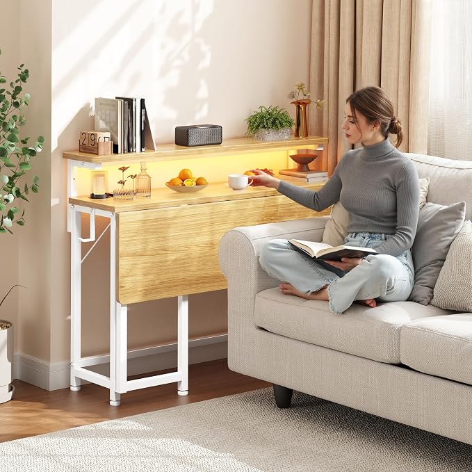 DurayLoly Folding Table with RGB Light for Small Space, 31.5" Folding Computer Desk for Space Saving Sofa Table for Couch, Home Work Office Desk with Monitor Stand, Easy to Fold with Hooks, Oak