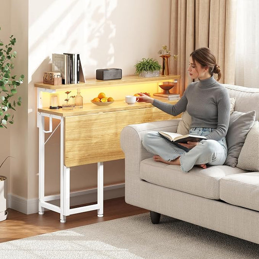 DurayLoly Folding Table with RGB Light for Small Space, 31.5" Folding Computer Desk for Space Saving Sofa Table for Couch, Home Work Office Desk with Monitor Stand, Easy to Fold with Hooks, Oak