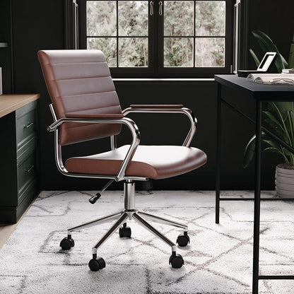 Martha Stewart Piper Swivel Task Chair with Armrests for Home Office in Saddle Brown Faux Leather with Polished Nickel Frame