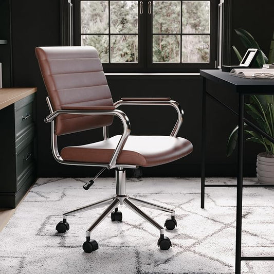 Martha Stewart Piper Swivel Task Chair with Armrests for Home Office in Saddle Brown Faux Leather with Polished Nickel Frame