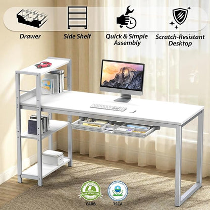 SHW 46-Inch Home Office Mission Computer Desk with Side Shelf and Drawer, White