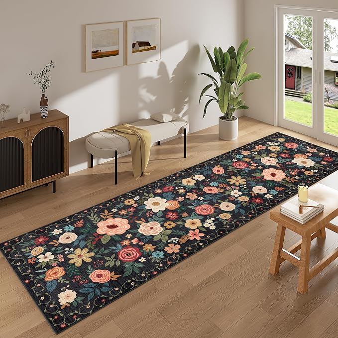 DUKINO Runner Rug, 2x10 Kitchen Runner Rug for Hallway with Non Slip Backing, Washable Low Pile Soft Boho Floral Carpet for Kitchen, Entryway, Hallway, Laundry, Bedroom, Black