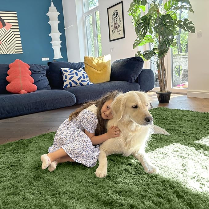 OLANLY 2x6 Machine Washable Runner Rugs for Hallway, Soft Fluffy Shaggy Bedside Rugs for Bedroom, Living Room, Indoor Floor Carpet for Kids Girls and Boys, Home Decor Aesthetic, Green