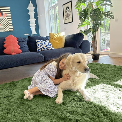 OLANLY 2x3 Machine Washable Small Bedside Rug, Soft Fluffy Shaggy Entryway Throw Rugs for Bedroom, Living Room, Indoor Floor Carpet for Kids Girls and Boys, Home Decor Aesthetic, Green