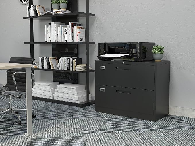 BYNSOE 2 Drawer Lateral File Cabinet Metal Filing Cabinet with Lock Office Home Steel Lateral File Cabinet for A4 Legal/Letter Size Lockable Wide Metal Cabinet,Assembly Required(2 Drawer, Black)