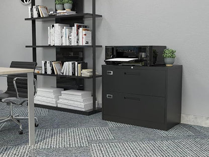 BYNSOE 2 Drawer Lateral File Cabinet Metal Filing Cabinet with Lock Office Home Steel Lateral File Cabinet for A4 Legal/Letter Size Lockable Wide Metal Cabinet,Assembly Required(2 Drawer, Black)