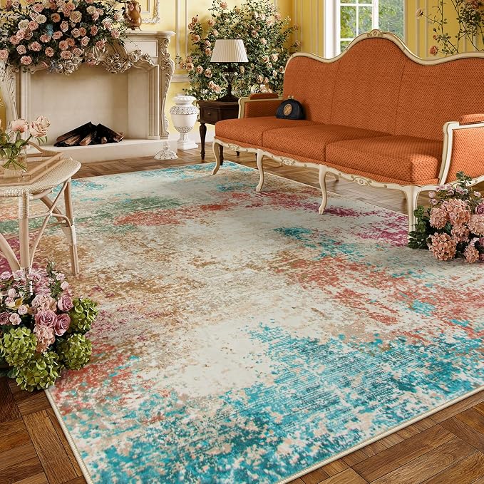 Lahome Abstract Area Rugs 9x12 for Living Room, Washable Ultra Thin Soft Bedroom Rug Stain Resistant, Multi Color Indoor Modern Large Floor Throw Carpet for Dining Room Playroom
